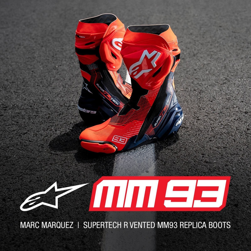 Alpinestars Supertech R Vented Limited Edition MM93 Marc Marquez fluo punane-sinine-mustad mootorratta saapad