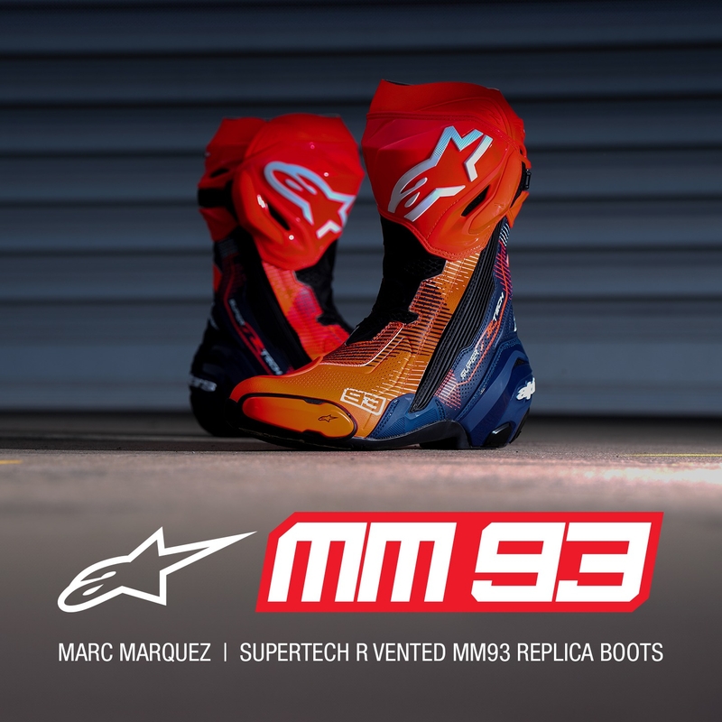 Alpinestars Supertech R Vented Limited Edition MM93 Marc Marquez fluo punane-sinine-mustad mootorratta saapad