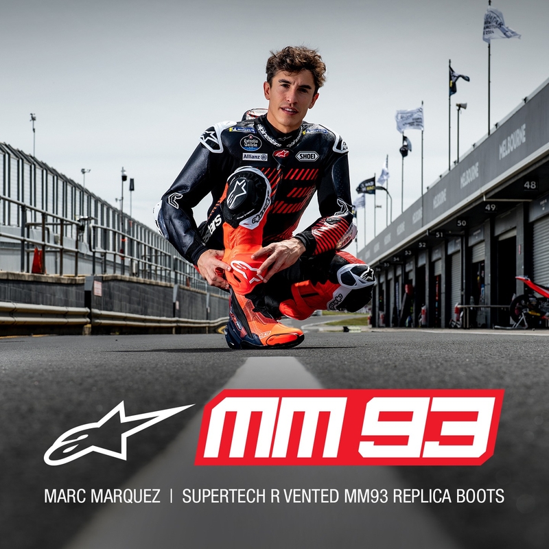 Alpinestars Supertech R Vented Limited Edition MM93 Marc Marquez fluo punane-sinine-mustad mootorratta saapad