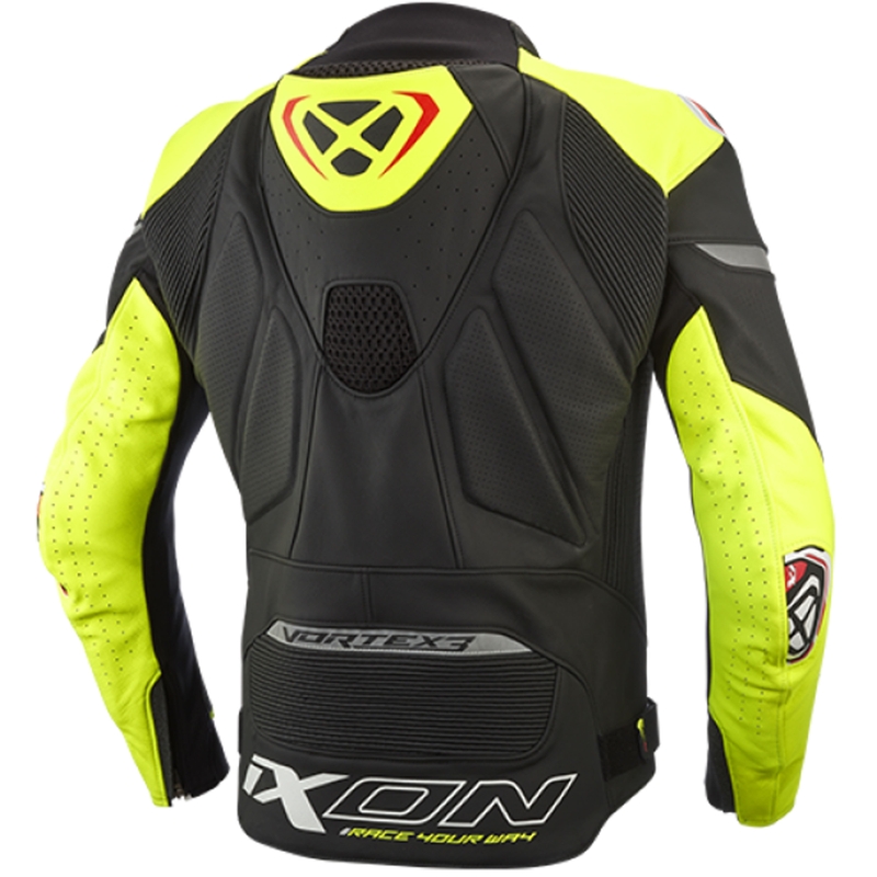 Nahast mootorratta jakk IXON Vortex 3 must-fluo kollane