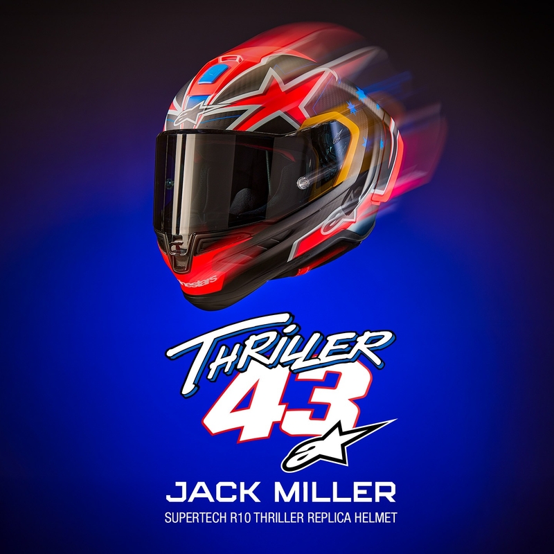 Alpinestars Supertech R10 Limited Edition Jack Miller matt süsiniku punane-sinine-kollane-valge integreeritud mootorratta kiiver