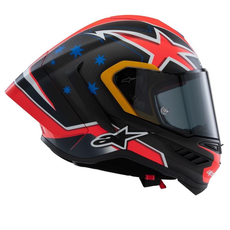 Alpinestars Supertech R10 Limited Edition Jack Miller matt süsiniku punane-sinine-kollane-valge integreeritud mootorratta kiiver
