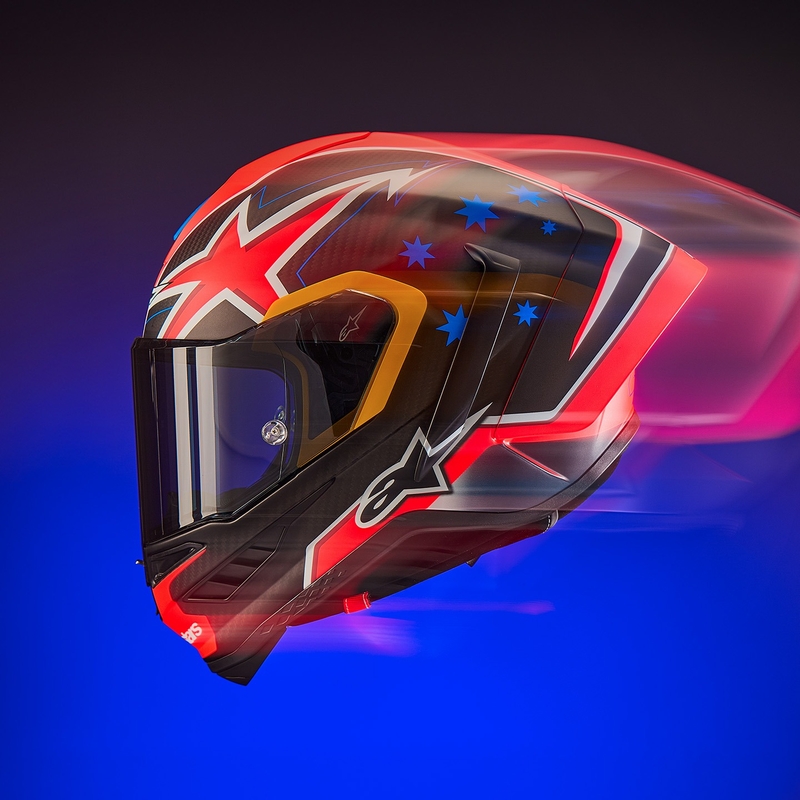 Alpinestars Supertech R10 Limited Edition Jack Miller matt süsiniku punane-sinine-kollane-valge integreeritud mootorratta kiiver