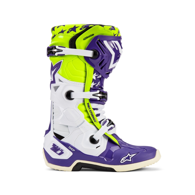 Alpinestars TECH 10 piiratud väljaanne Dirt Studios lilla-valge-fluo kollane mootorratta saapad