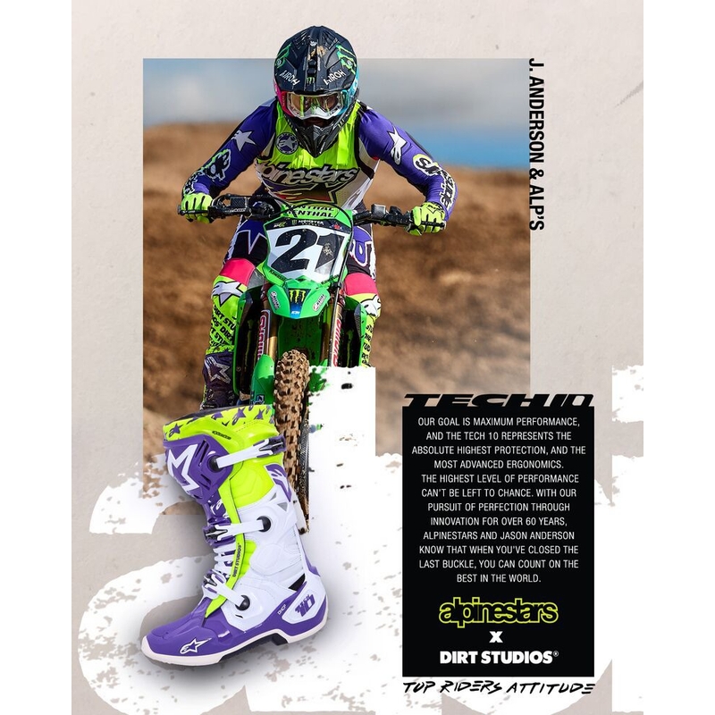 Alpinestars TECH 10 piiratud väljaanne Dirt Studios lilla-valge-fluo kollane mootorratta saapad