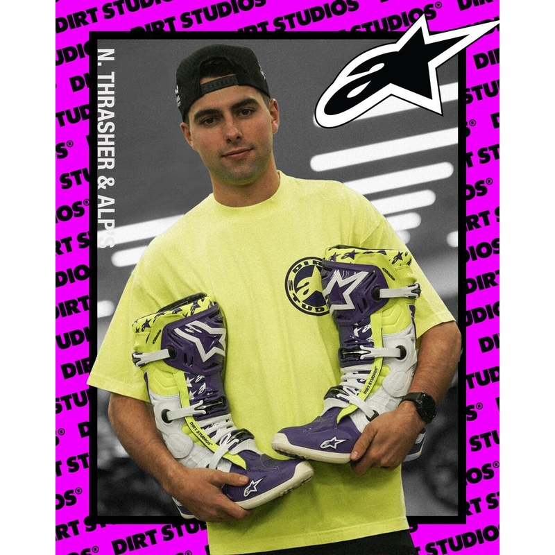 Alpinestars TECH 10 piiratud väljaanne Dirt Studios lilla-valge-fluo kollane mootorratta saapad