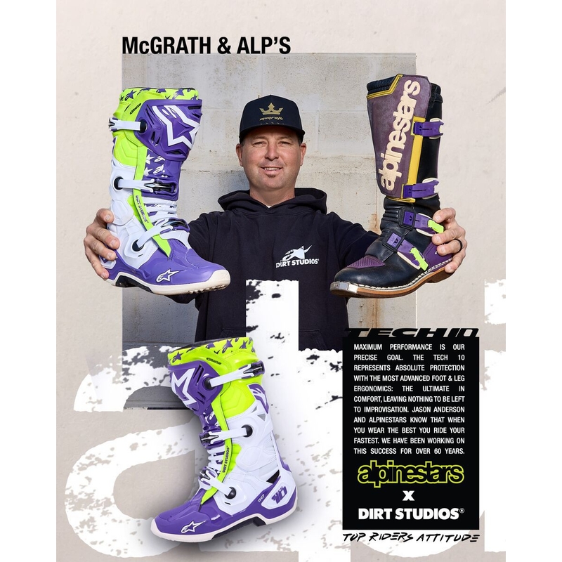Alpinestars TECH 10 piiratud väljaanne Dirt Studios lilla-valge-fluo kollane mootorratta saapad