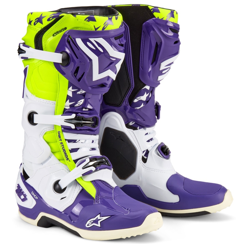 Alpinestars TECH 10 piiratud väljaanne Dirt Studios lilla-valge-fluo kollane mootorratta saapad