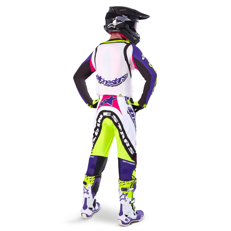 Alpinestars Supertech Limited Edition Dirt Studios motokrossipüksid valge-lilla-roosa-roosa-fluo kollane