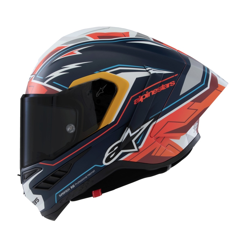 Alpinestars Supertech R-10 piiratud Pedro Acosta mattsinine-punase-valge integraalne mootorratta kiiver.
