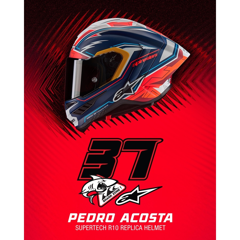Alpinestars Supertech R-10 piiratud Pedro Acosta mattsinine-punase-valge integraalne mootorratta kiiver.