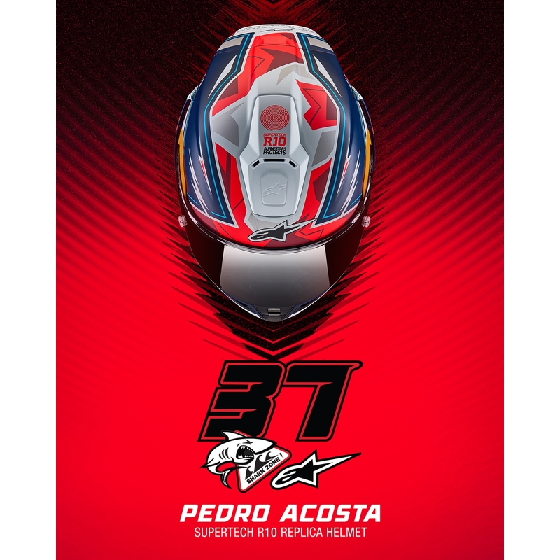 Alpinestars Supertech R-10 piiratud Pedro Acosta mattsinine-punase-valge integraalne mootorratta kiiver.