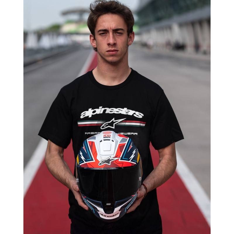 Alpinestars Supertech R-10 piiratud Pedro Acosta mattsinine-punase-valge integraalne mootorratta kiiver.