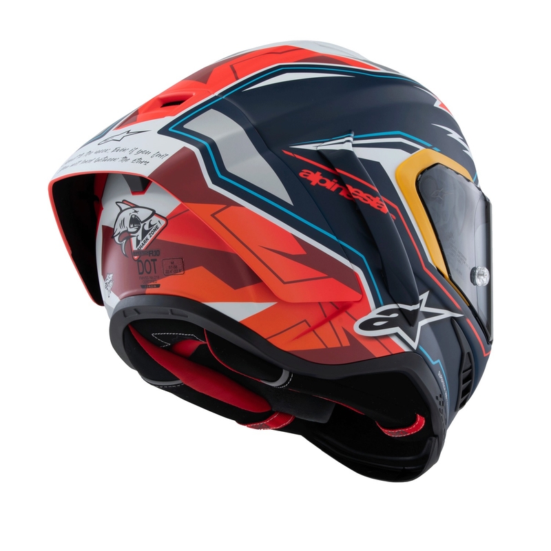 Alpinestars Supertech R-10 piiratud Pedro Acosta mattsinine-punase-valge integraalne mootorratta kiiver.