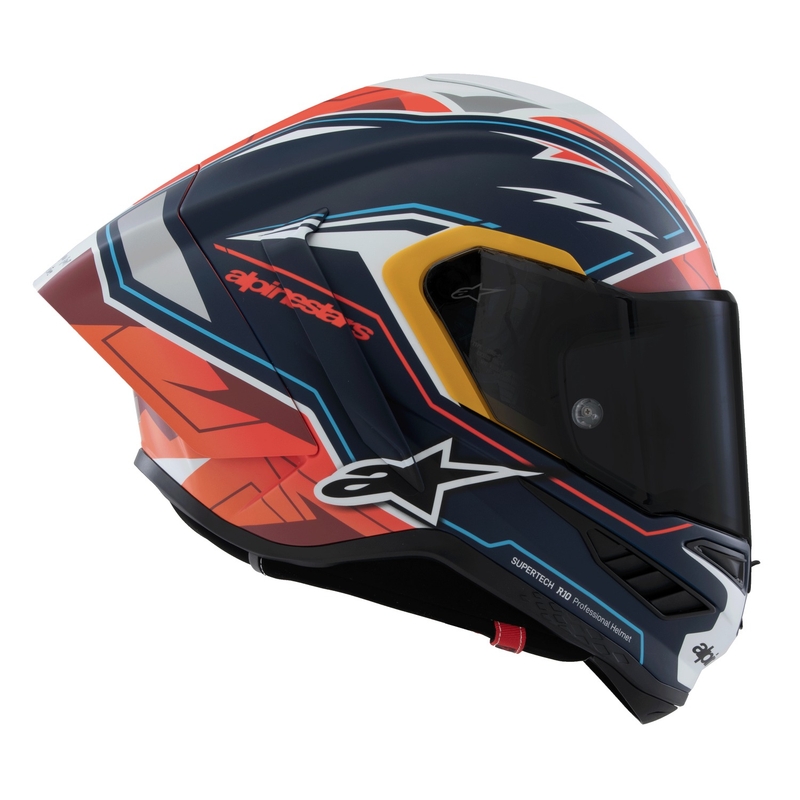 Alpinestars Supertech R-10 piiratud Pedro Acosta mattsinine-punase-valge integraalne mootorratta kiiver.