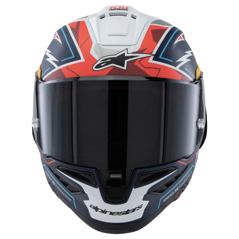 Alpinestars Supertech R-10 piiratud Pedro Acosta mattsinine-punase-valge integraalne mootorratta kiiver.