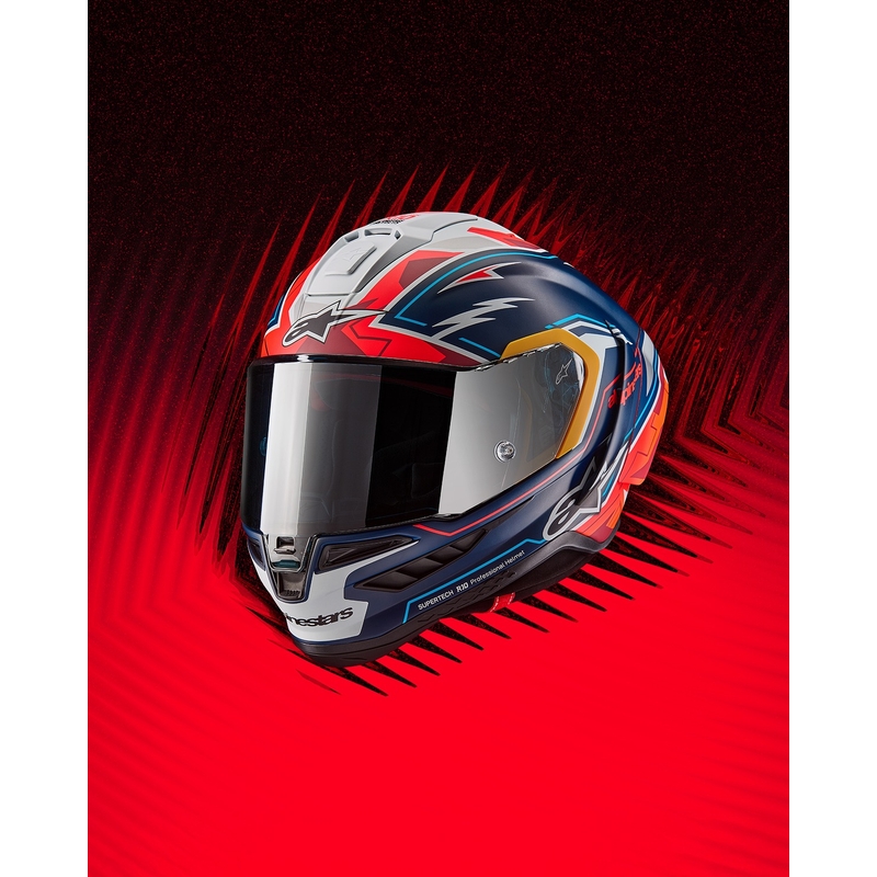 Alpinestars Supertech R-10 piiratud Pedro Acosta mattsinine-punase-valge integraalne mootorratta kiiver.