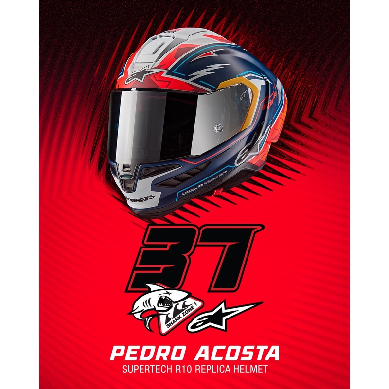 Alpinestars Supertech R-10 piiratud Pedro Acosta mattsinine-punase-valge integraalne mootorratta kiiver.