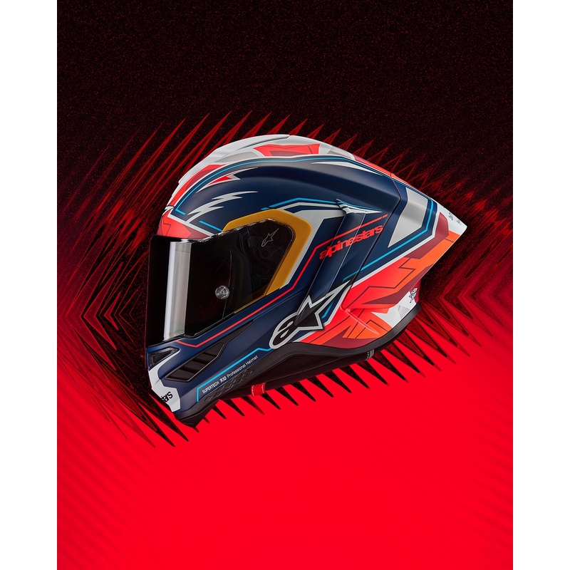 Alpinestars Supertech R-10 piiratud Pedro Acosta mattsinine-punase-valge integraalne mootorratta kiiver.