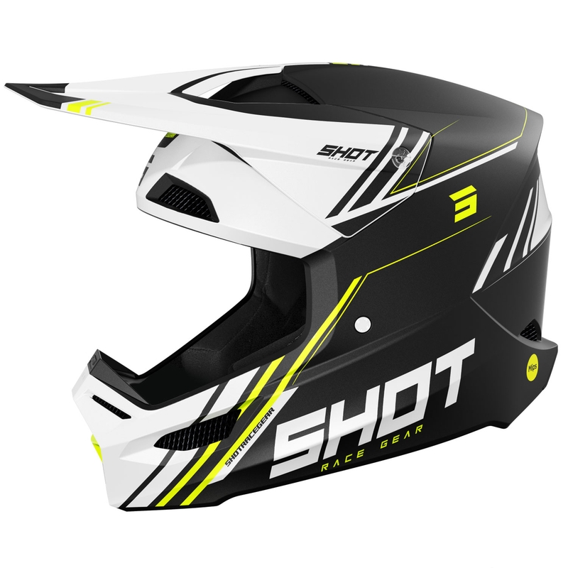 Motokross kiiver Shot Race Sprint must-valge-fluo kollane