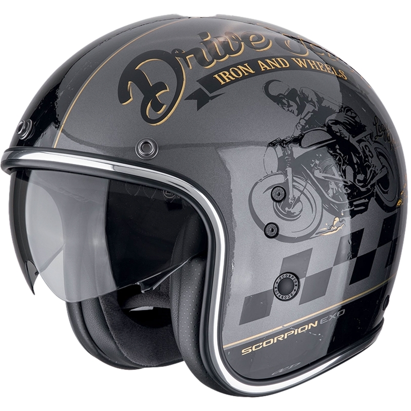 Avatud mootorratta kiiver Scorpion Belfast Evo DRIVE FAST hõbedane-must-kuldne