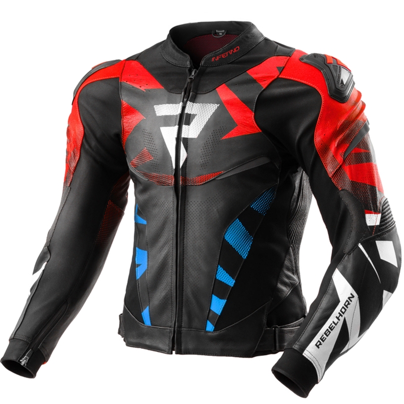 Rebelhorn Inferno must-sinine-valge-punane nahast mootorratta jakk