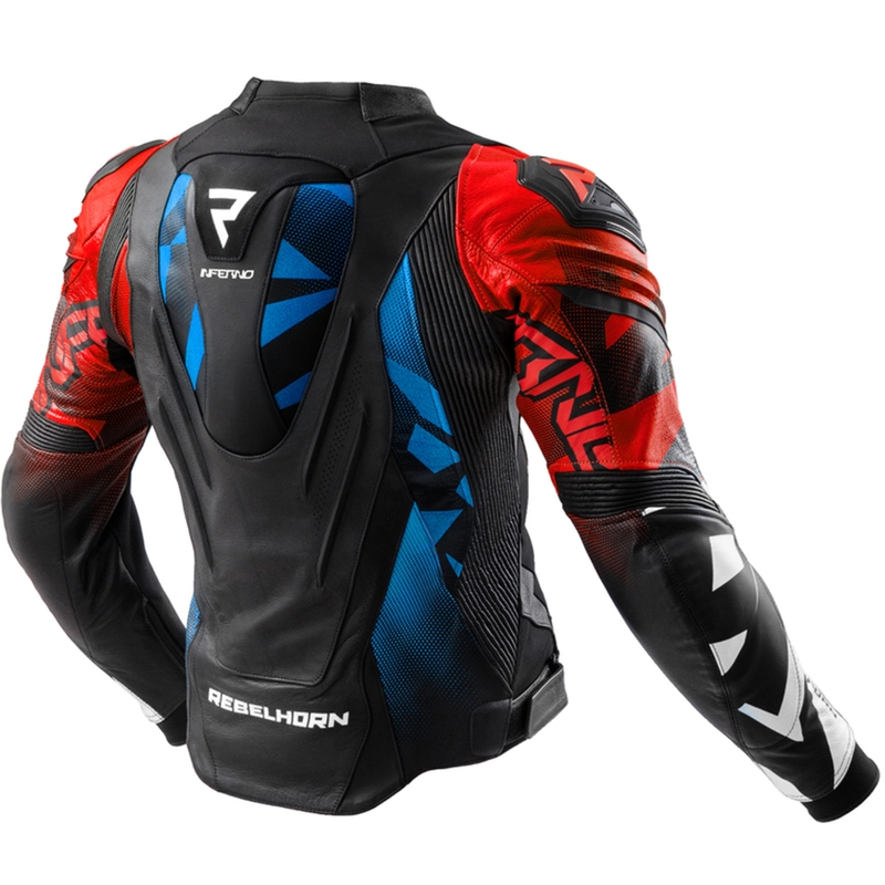 Rebelhorn Inferno must-sinine-valge-punane nahast mootorratta jakk