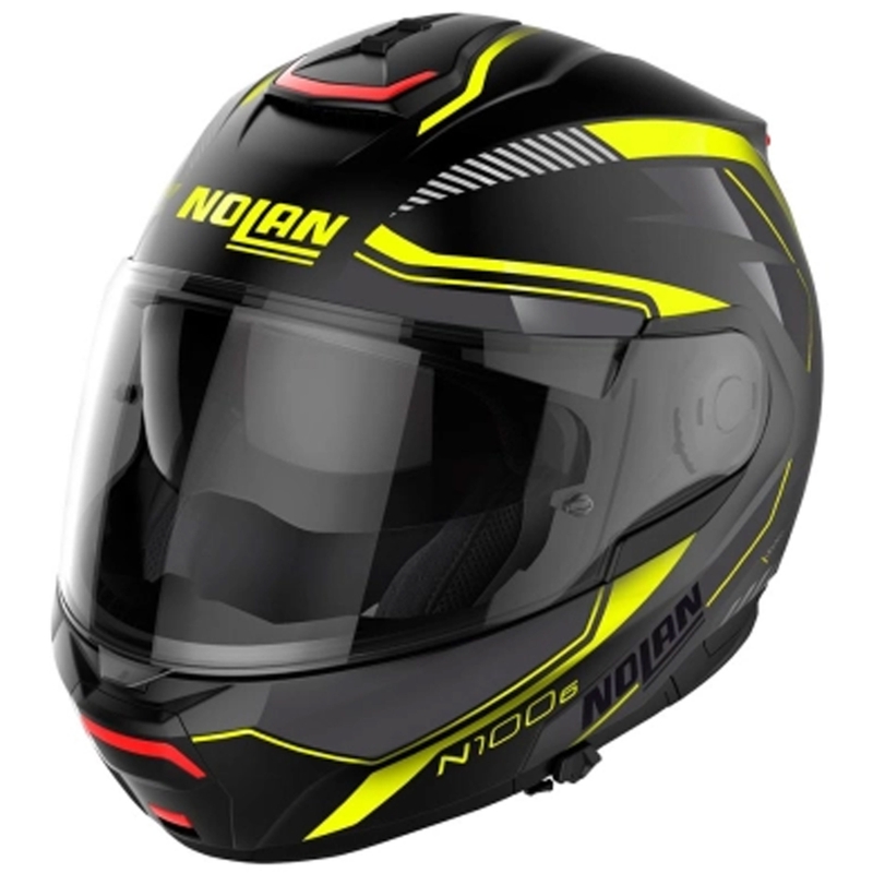Nolan N100-6 Surveryor N-COM 22 must ja kollane mootorratta kiiver.