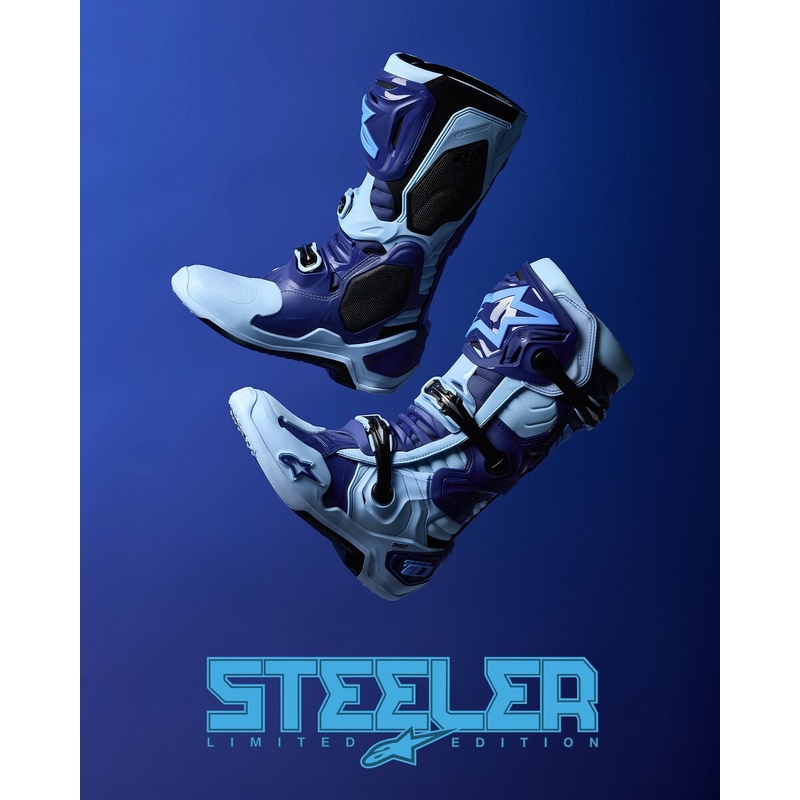 Alpinestars Tech 10 Limited Edition Steelers sinised ja helesinised mootorratta saapad