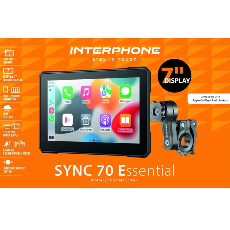 Interphone SYNC70 ESSENTIAL Apple CarPlay ja Android Auto ekraan mootorratastele
