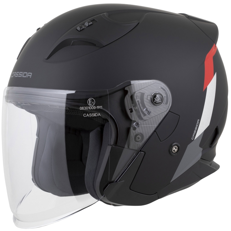 Cassida Reflex 2.0 Safety avatud mootorratta kiiver matt must-punane-hall-hõbedane-peegeldav hõbedane
