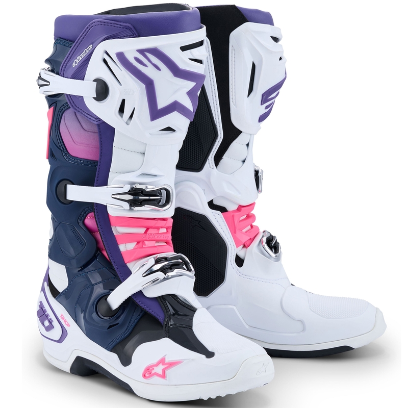 Alpinestars Tech 10 valge-lilla-sinine-fluo roosa mootorratta saapad