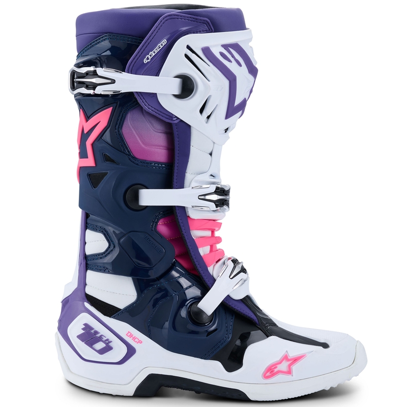 Alpinestars Tech 10 valge-lilla-sinine-fluo roosa mootorratta saapad
