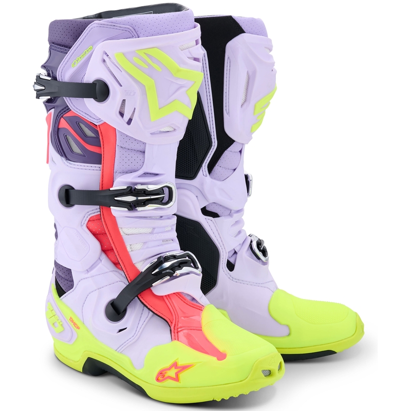 Alpinestars Tech 10 Supervented lilla-fluo kollane-roosa mootorratta saapad