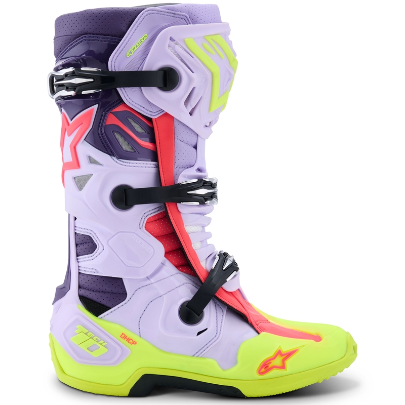 Alpinestars Tech 10 Supervented lilla-fluo kollane-roosa mootorratta saapad