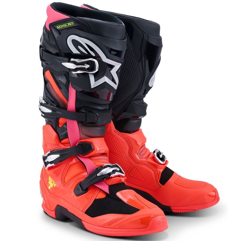 Alpinestars Tech 7 must-fluo punane-fluo roosa mootorratta saapad