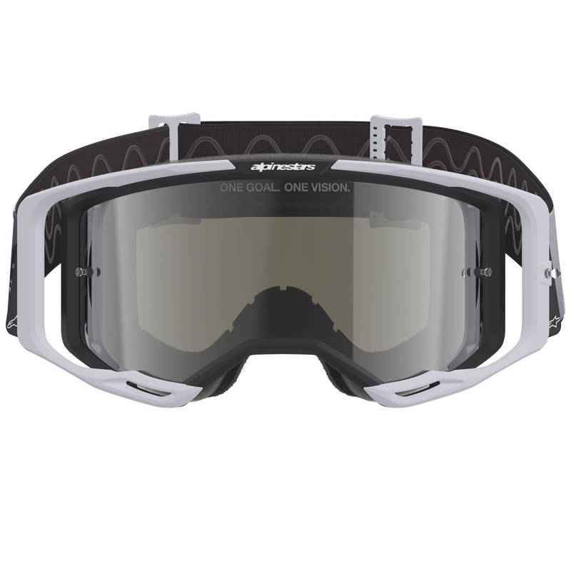 Alpinestars Supertech Vision 8 Lahnd motokrossiprillid valge ja musta värvi, hõbedaste peegelklaasidega.