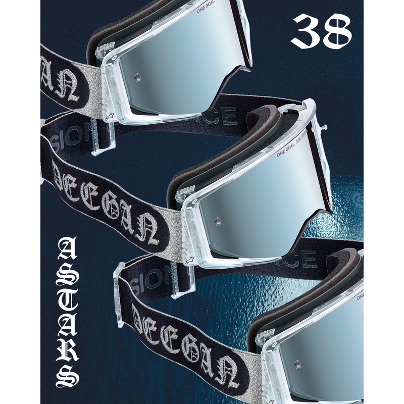 Alpinestars Supertech Vision DNGR38 XXV mustad ja hõbedased motokrossiprillid peegelpeegliga hõbedase pleksiga.