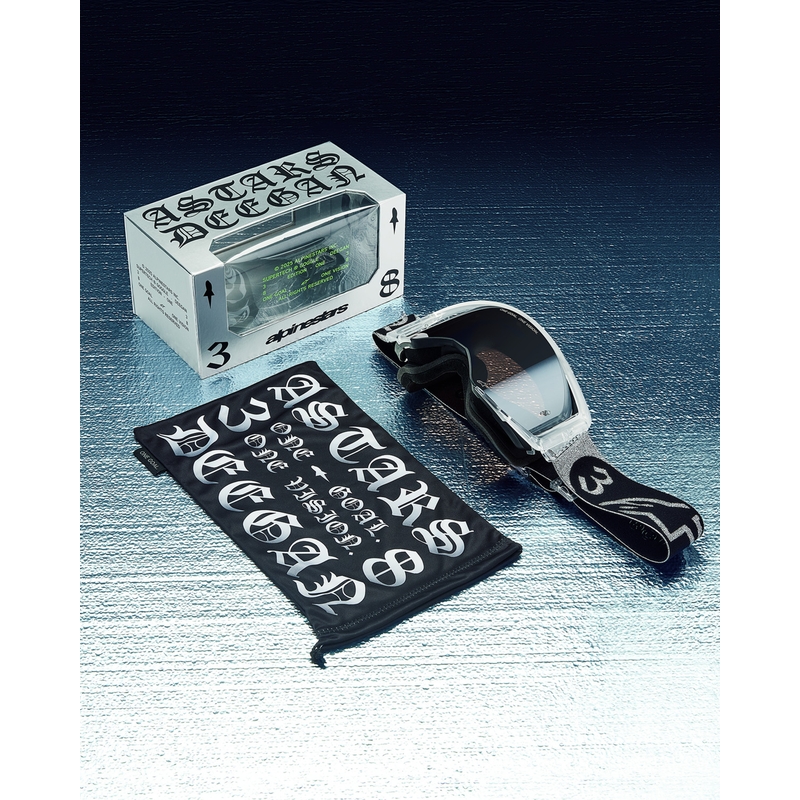 Alpinestars Supertech Vision DNGR38 XXV mustad ja hõbedased motokrossiprillid peegelpeegliga hõbedase pleksiga.