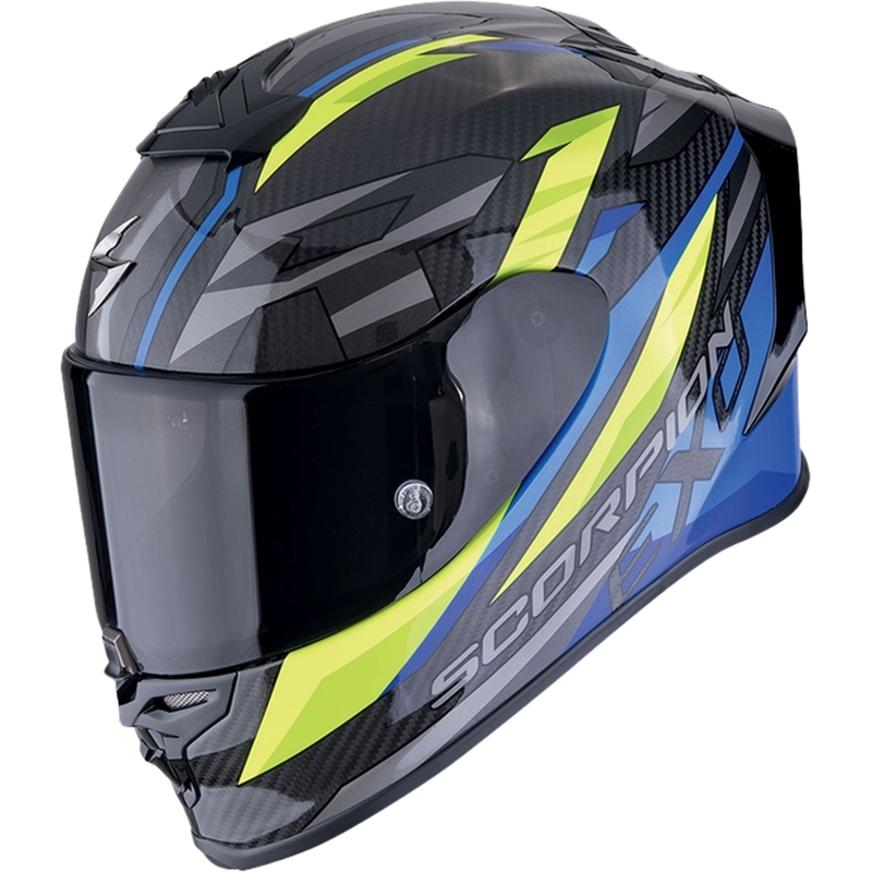 Integreeritud mootorratta kiiver Scorpion EXO-R1 EVO CARBON AIR RUNNER must-sinine-fluo kollane