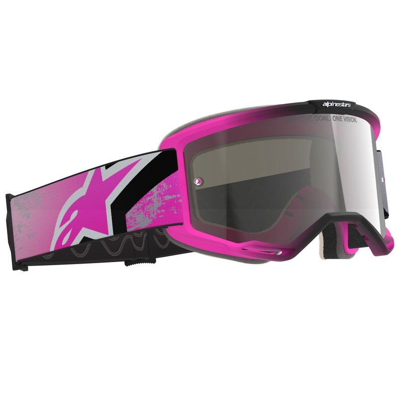 Alpinestars Vision 5 Lahnd fluo roosa-hall-must-valge motokrossiprillid peegliga hõbedaste klaasidega