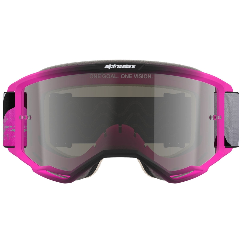 Alpinestars Vision 5 Lahnd fluo roosa-hall-must-valge motokrossiprillid peegliga hõbedaste klaasidega