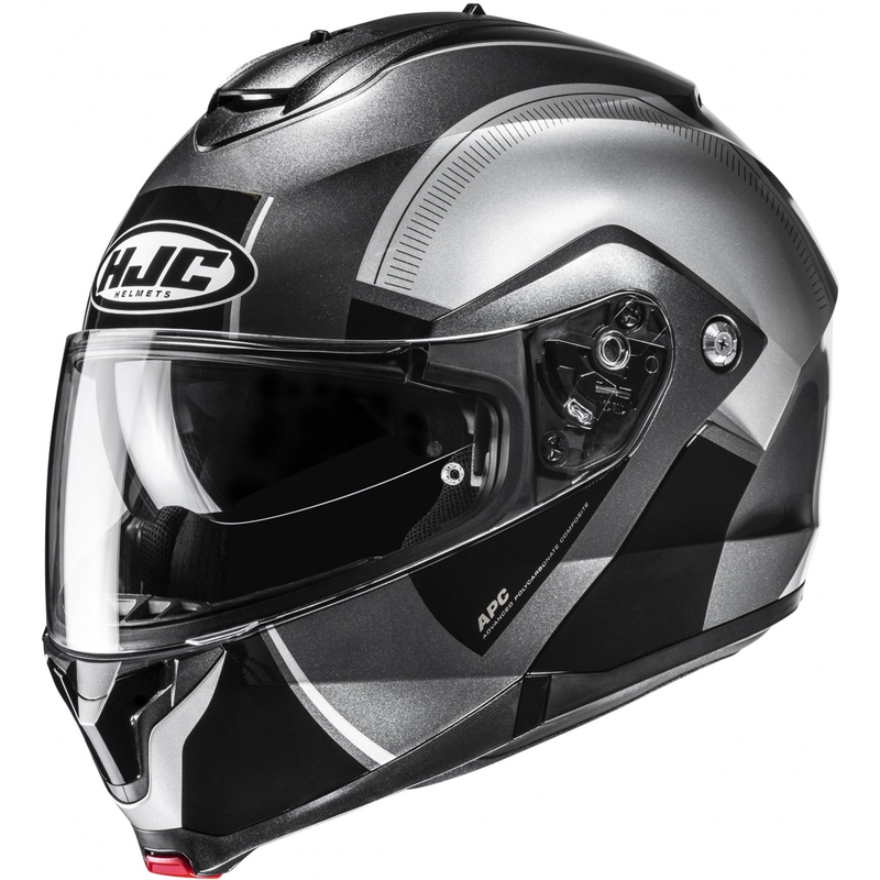 HJC C91N Jyn MC5 must ja hõbedane mootorratta kiiver.
