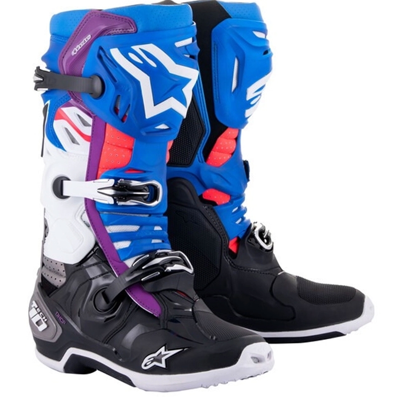 Alpinestars Tech 10 Supervented perforeeritud sinine-lilla-roosa-valge-hall-mustad mootorratta saapad