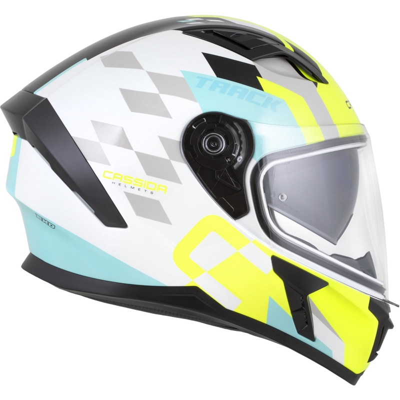 Cassida Orbit Track integreeritud mootorratta kiiver valge-fluo kollane-türkiis-must