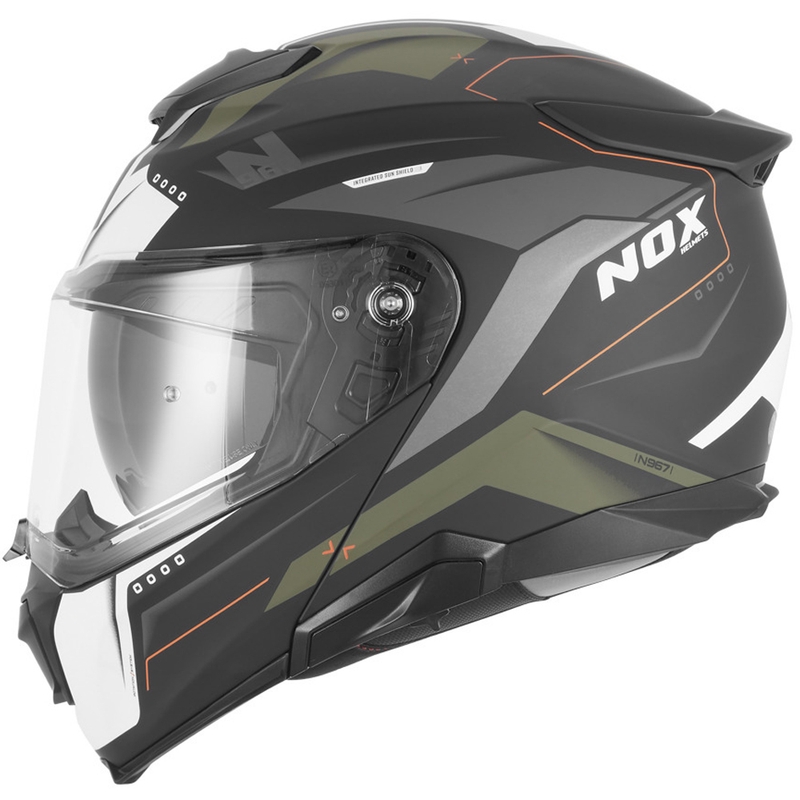 Ülestõmmatav mootorrattakiiver NOX N967 Conquer matt must-khaki-oranž