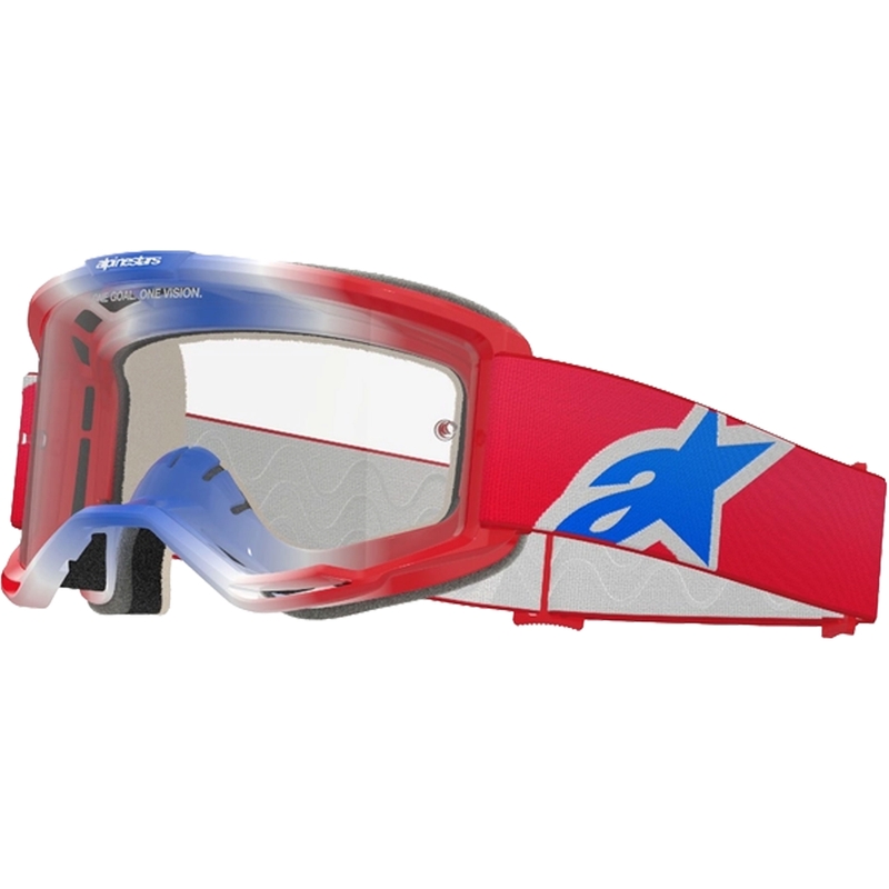 Alpinestars Vision 5 Corp punased, valged ja sinised motokrossiprillid läbipaistva klaasiga