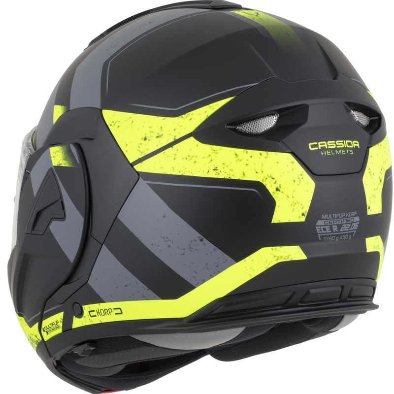 Cassida MultiFlip Korp ülespööratav mootorrattakiiver matt must-fluorestseeriv kollane-hall