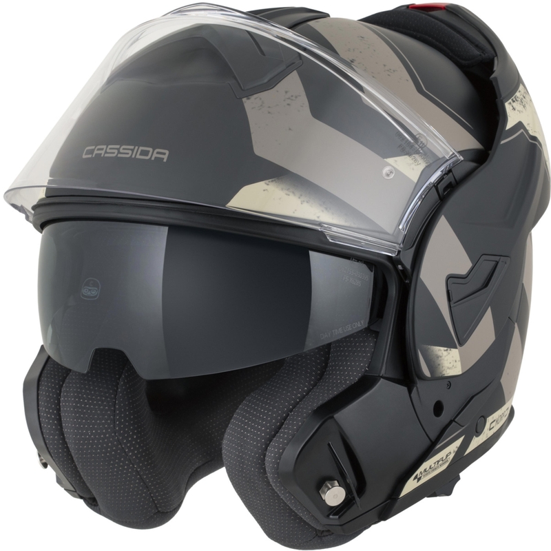 Cassida MultiFlip Korp ülespööratav mootorrattakiiver matt must-liiva-khaki värvi
