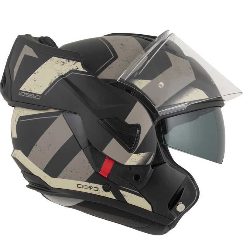 Cassida MultiFlip Korp ülespööratav mootorrattakiiver matt must-liiva-khaki värvi